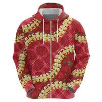 Red Palaka Hawaii Mele Kalikimaka Zip Hoodie Ohia Lehua Monstera Puakenikeni Lei LT14 - Polynesian Pride