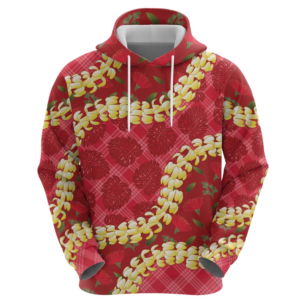 Red Palaka Hawaii Mele Kalikimaka Zip Hoodie Ohia Lehua Monstera Puakenikeni Lei LT14 - Polynesian Pride
