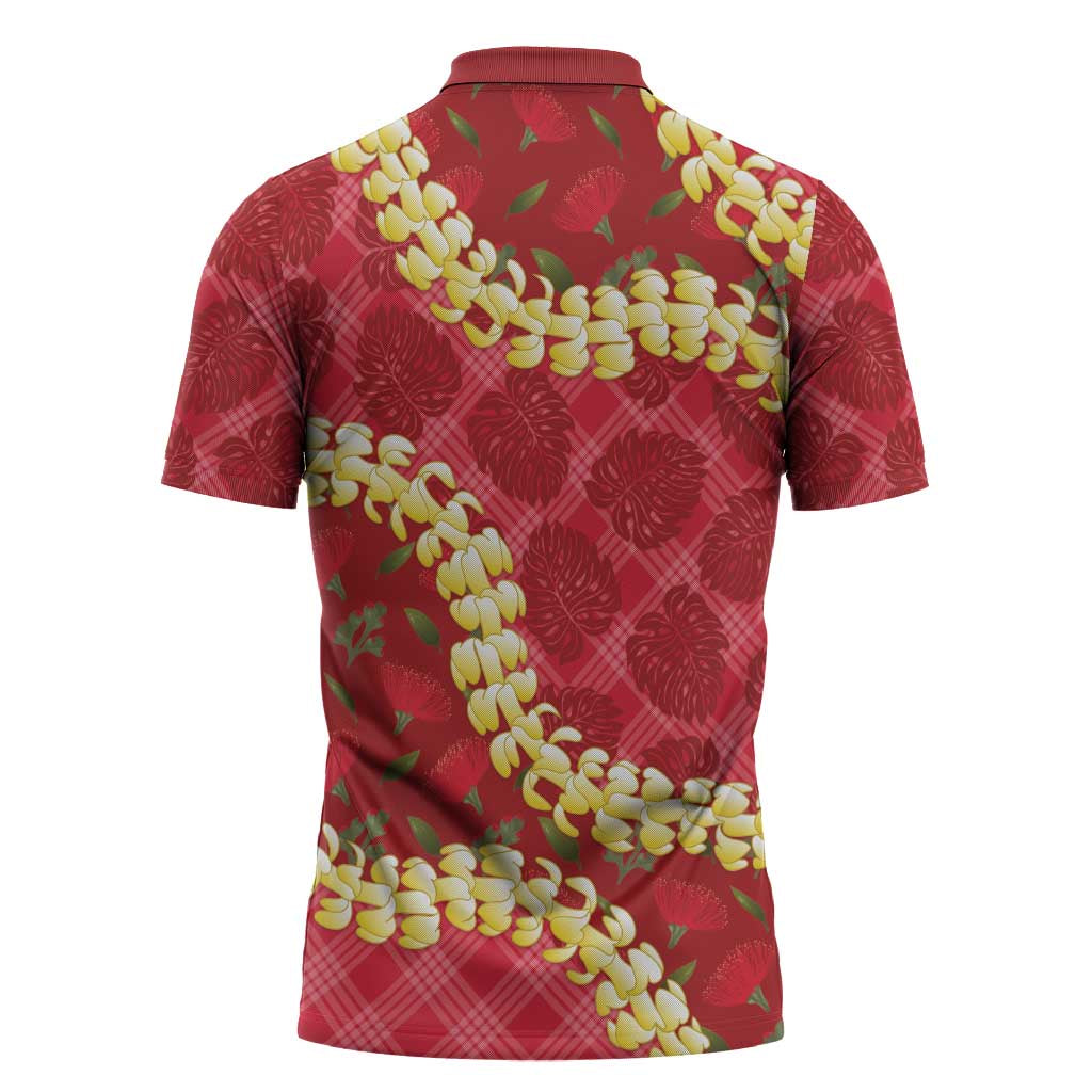 Red Palaka Hawaii Mele Kalikimaka Zipper Polo Shirt Ohia Lehua Monstera Puakenikeni Lei LT14 - Polynesian Pride