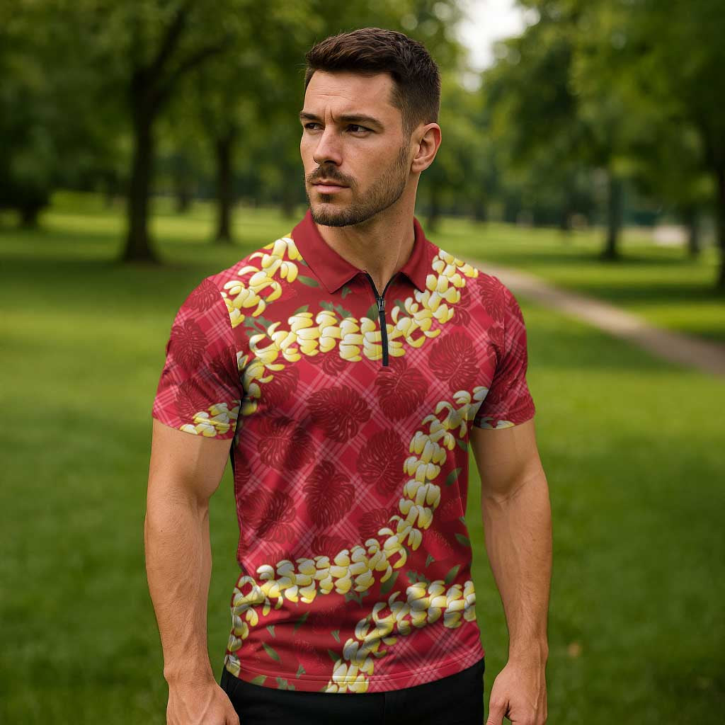 Red Palaka Hawaii Mele Kalikimaka Zipper Polo Shirt Ohia Lehua Monstera Puakenikeni Lei LT14 - Polynesian Pride