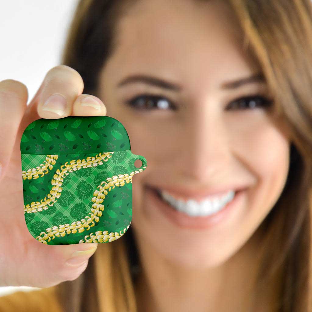 Green Palaka Hawaii Mele Kalikimaka AirPods Case Ohia Lehua Monstera Puakenikeni Lei - Polynesian Pride