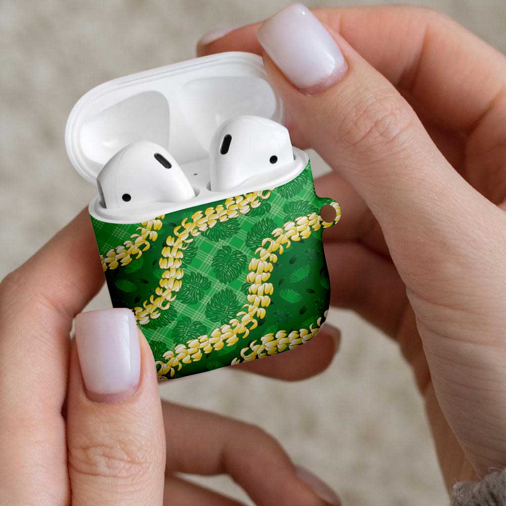 Green Palaka Hawaii Mele Kalikimaka AirPods Case Ohia Lehua Monstera Puakenikeni Lei - Polynesian Pride