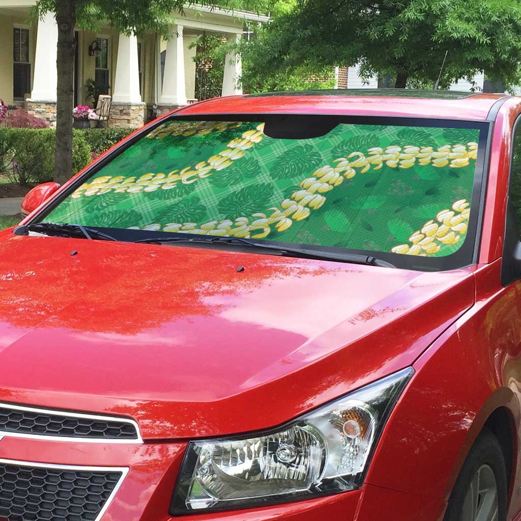 Green Palaka Hawaii Mele Kalikimaka Auto Sun Shade Ohia Lehua Monstera Puakenikeni Lei - Polynesian Pride