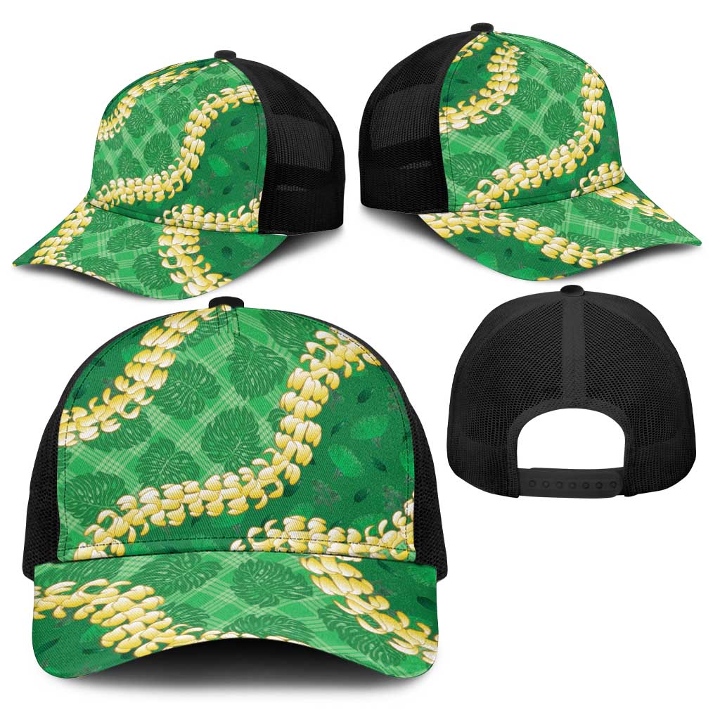 Green Palaka Hawaii Mele Kalikimaka Baseball Net Cap Ohia Lehua Monstera Puakenikeni Lei - Polynesian Pride