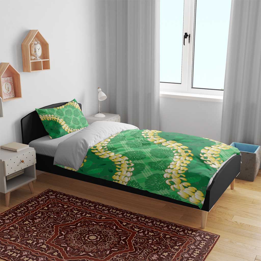 Green Palaka Hawaii Mele Kalikimaka Bedding Set Ohia Lehua Monstera Puakenikeni Lei - Polynesian Pride