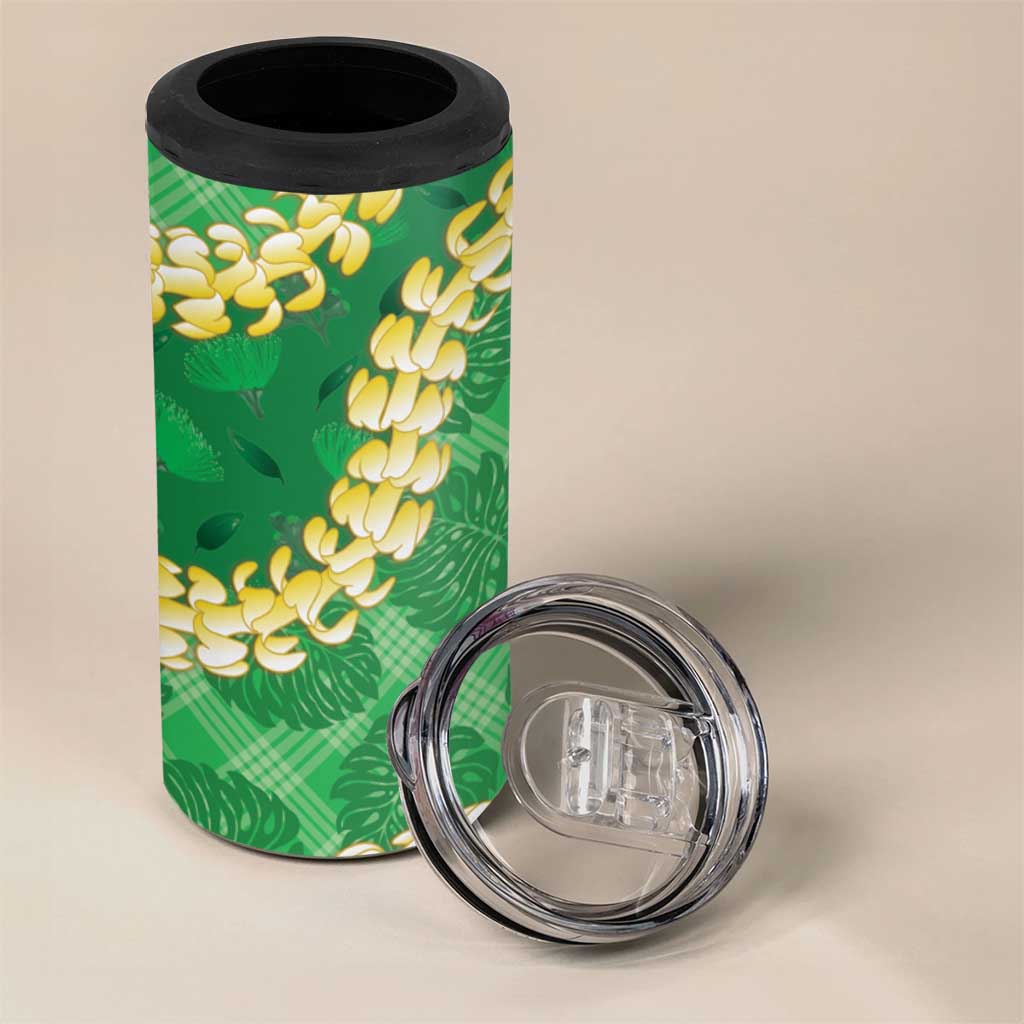 Green Palaka Hawaii Mele Kalikimaka 4 in 1 Can Cooler Tumbler Ohia Lehua Monstera Puakenikeni Lei LT14 - Polynesian Pride