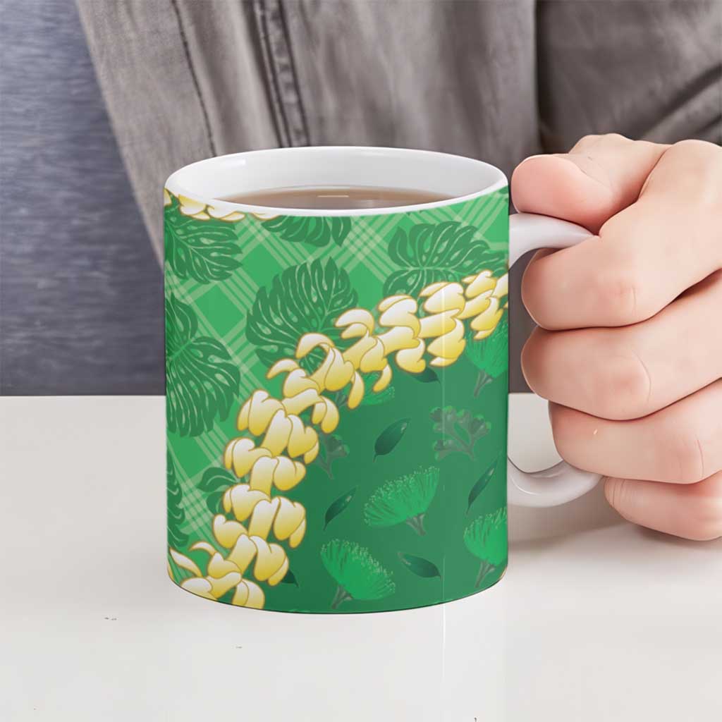 Green Palaka Hawaii Mele Kalikimaka Ceramic Mug Ohia Lehua Monstera Puakenikeni Lei - Polynesian Pride