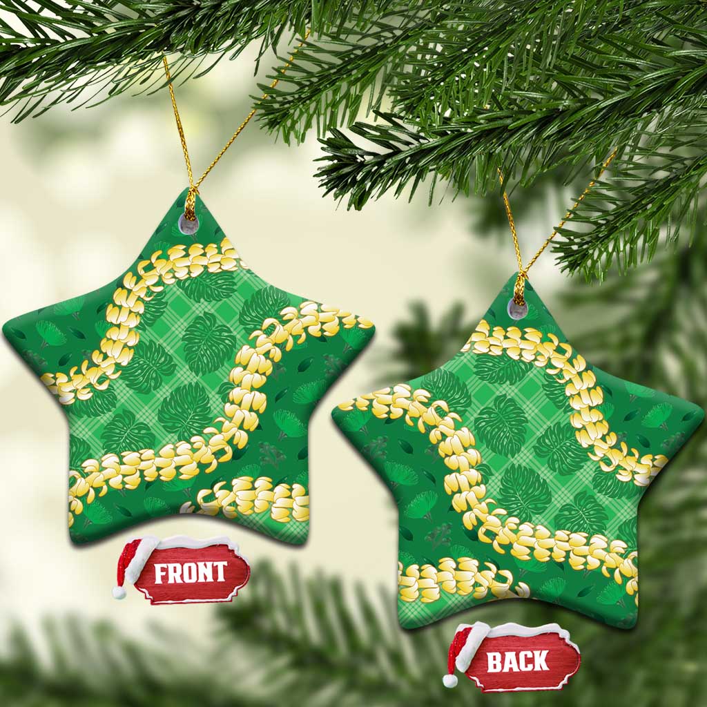 Green Palaka Hawaii Mele Kalikimaka Ceramic Ornament Ohia Lehua Monstera Puakenikeni Lei - Polynesian Pride