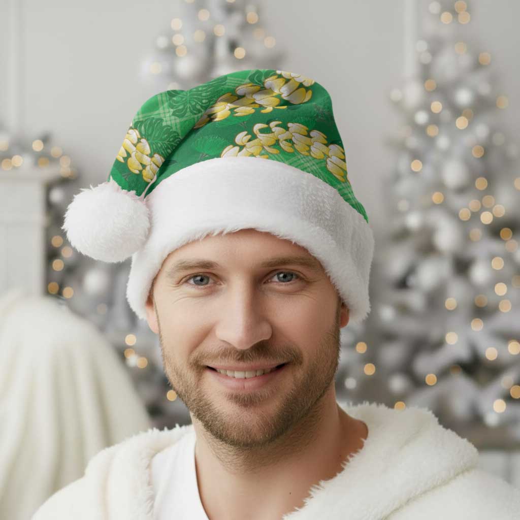 Green Palaka Hawaii Mele Kalikimaka Christmas Santa Hat Ohia Lehua Monstera Puakenikeni Lei LT14 - Polynesian Pride