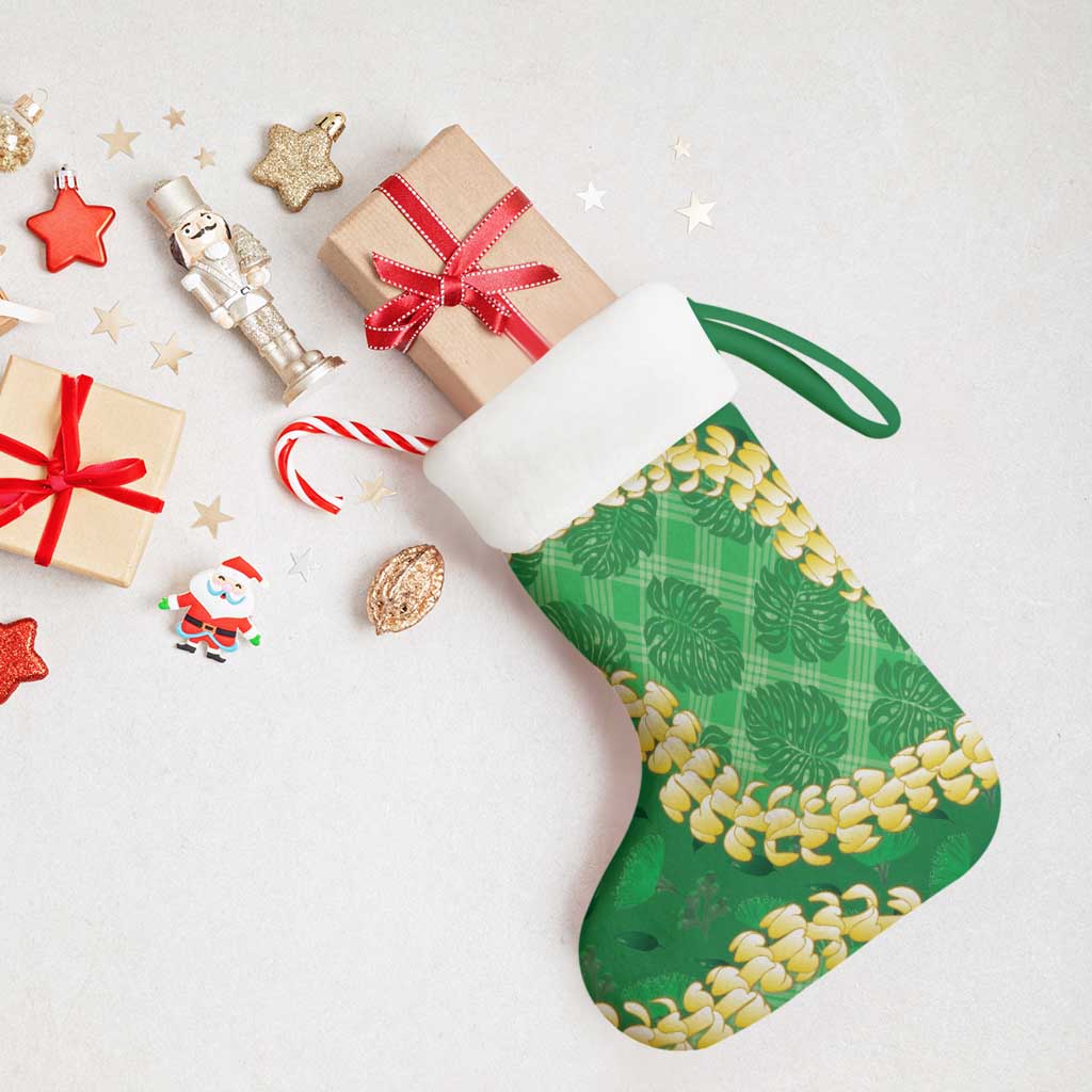 Green Palaka Hawaii Mele Kalikimaka Christmas Stocking Ohia Lehua Monstera Puakenikeni Lei - Polynesian Pride