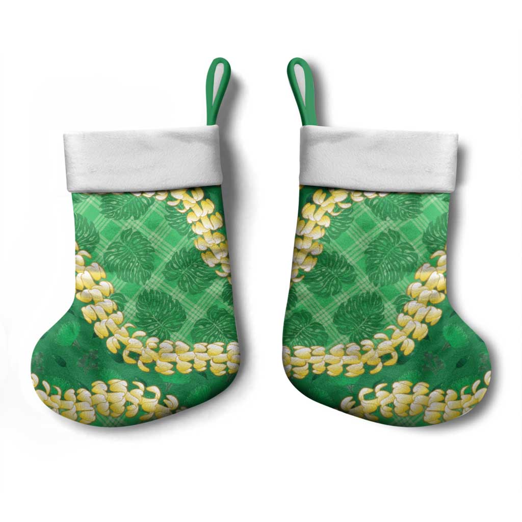 Green Palaka Hawaii Mele Kalikimaka Christmas Stocking Ohia Lehua Monstera Puakenikeni Lei - Polynesian Pride