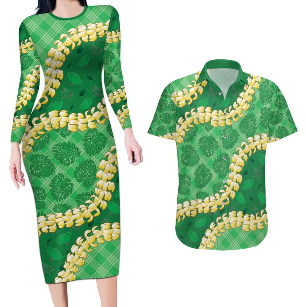 Green Palaka Hawaii Mele Kalikimaka Couples Matching Long Sleeve Bodycon Dress and Hawaiian Shirt Ohia Lehua Monstera Puakenikeni Lei LT14 Green - Polynesian Pride