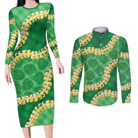 Green Palaka Hawaii Mele Kalikimaka Couples Matching Long Sleeve Bodycon Dress and Long Sleeve Button Shirt Ohia Lehua Monstera Puakenikeni Lei LT14 Green - Polynesian Pride