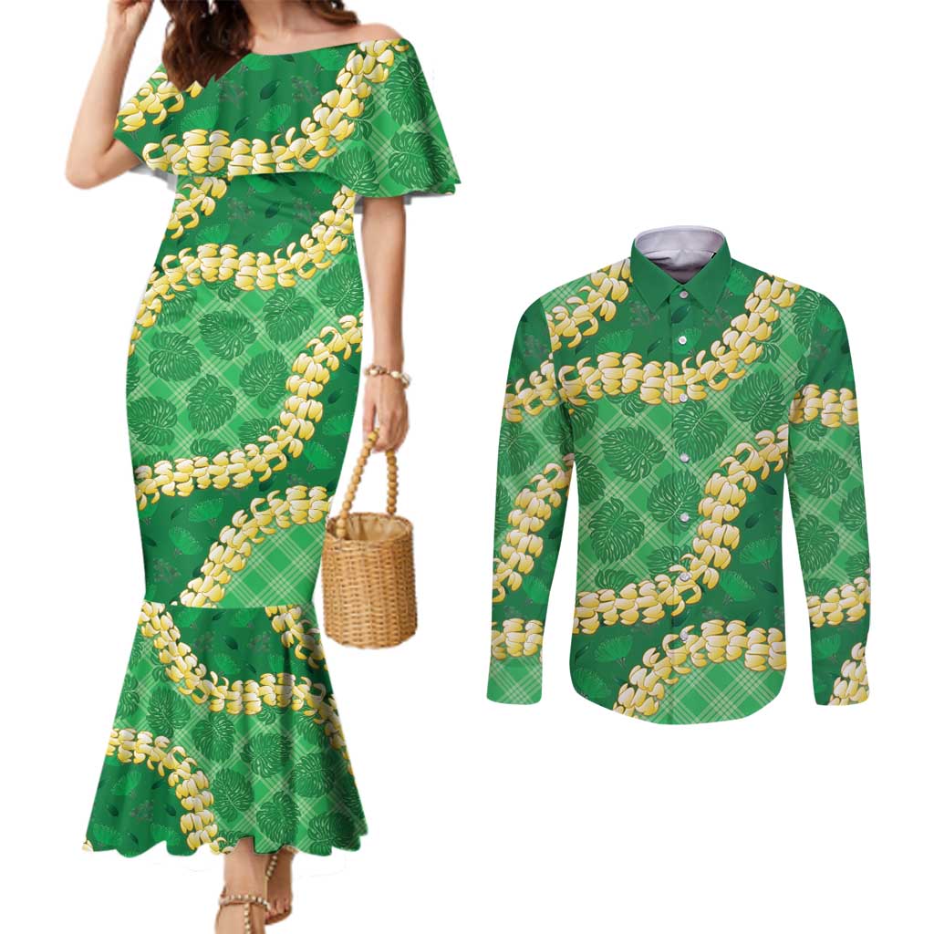 Green Palaka Hawaii Mele Kalikimaka Couples Matching Mermaid Dress and Long Sleeve Button Shirt Ohia Lehua Monstera Puakenikeni Lei LT14 Green - Polynesian Pride