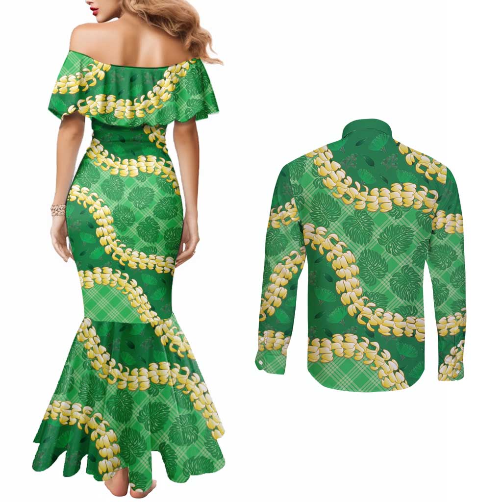Green Palaka Hawaii Mele Kalikimaka Couples Matching Mermaid Dress and Long Sleeve Button Shirt Ohia Lehua Monstera Puakenikeni Lei LT14 - Polynesian Pride
