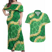 Green Palaka Hawaii Mele Kalikimaka Couples Matching Off Shoulder Maxi Dress and Hawaiian Shirt Ohia Lehua Monstera Puakenikeni Lei LT14 Green - Polynesian Pride