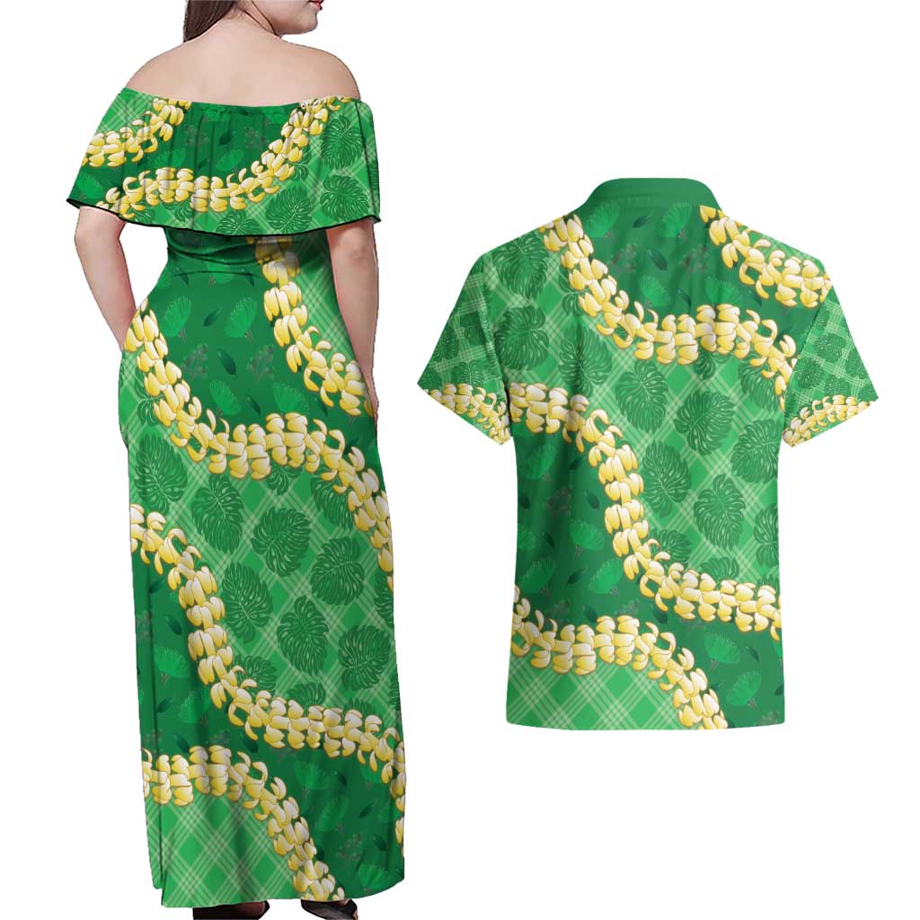 Green Palaka Hawaii Mele Kalikimaka Couples Matching Off Shoulder Maxi Dress and Hawaiian Shirt Ohia Lehua Monstera Puakenikeni Lei LT14 - Polynesian Pride