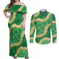 Green Palaka Hawaii Mele Kalikimaka Couples Matching Off Shoulder Maxi Dress and Long Sleeve Button Shirt Ohia Lehua Monstera Puakenikeni Lei LT14 Green - Polynesian Pride
