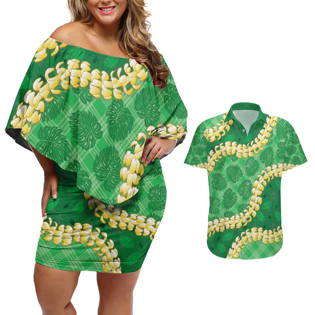 Green Palaka Hawaii Mele Kalikimaka Couples Matching Off Shoulder Short Dress and Hawaiian Shirt Ohia Lehua Monstera Puakenikeni Lei LT14 Green - Polynesian Pride