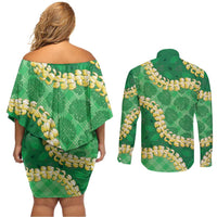 Green Palaka Hawaii Mele Kalikimaka Couples Matching Off Shoulder Short Dress and Long Sleeve Button Shirt Ohia Lehua Monstera Puakenikeni Lei LT14 - Polynesian Pride