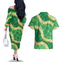 Green Palaka Hawaii Mele Kalikimaka Couples Matching Off The Shoulder Long Sleeve Dress and Hawaiian Shirt Ohia Lehua Monstera Puakenikeni Lei LT14 - Polynesian Pride