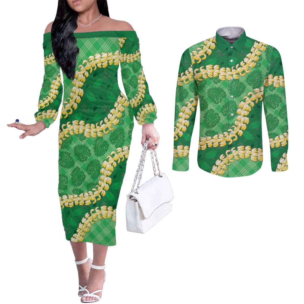 Green Palaka Hawaii Mele Kalikimaka Couples Matching Off The Shoulder Long Sleeve Dress and Long Sleeve Button Shirt Ohia Lehua Monstera Puakenikeni Lei LT14 Green - Polynesian Pride