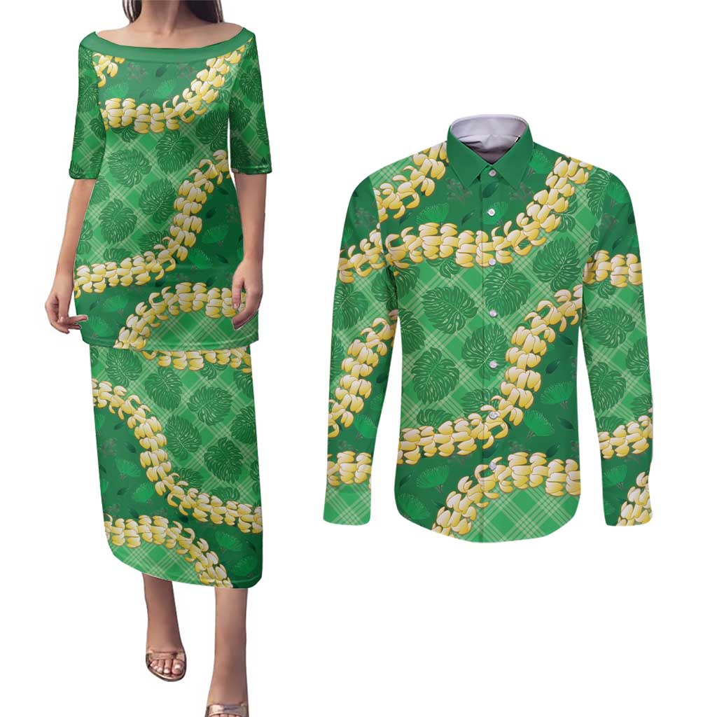 Green Palaka Hawaii Mele Kalikimaka Couples Matching Puletasi and Long Sleeve Button Shirt Ohia Lehua Monstera Puakenikeni Lei LT14 Green - Polynesian Pride