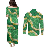 Green Palaka Hawaii Mele Kalikimaka Couples Matching Puletasi and Long Sleeve Button Shirt Ohia Lehua Monstera Puakenikeni Lei LT14 - Polynesian Pride
