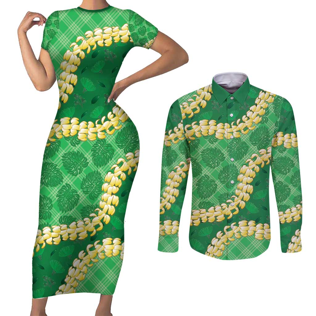 Green Palaka Hawaii Mele Kalikimaka Couples Matching Short Sleeve Bodycon Dress and Long Sleeve Button Shirt Ohia Lehua Monstera Puakenikeni Lei LT14 Green - Polynesian Pride
