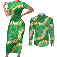 Green Palaka Hawaii Mele Kalikimaka Couples Matching Short Sleeve Bodycon Dress and Long Sleeve Button Shirt Ohia Lehua Monstera Puakenikeni Lei LT14 Green - Polynesian Pride