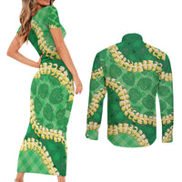 Green Palaka Hawaii Mele Kalikimaka Couples Matching Short Sleeve Bodycon Dress and Long Sleeve Button Shirt Ohia Lehua Monstera Puakenikeni Lei LT14 - Polynesian Pride
