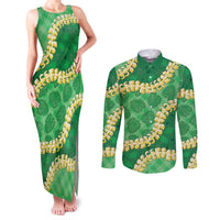 Green Palaka Hawaii Mele Kalikimaka Couples Matching Tank Maxi Dress and Long Sleeve Button Shirt Ohia Lehua Monstera Puakenikeni Lei LT14 Green - Polynesian Pride
