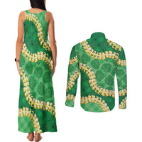 Green Palaka Hawaii Mele Kalikimaka Couples Matching Tank Maxi Dress and Long Sleeve Button Shirt Ohia Lehua Monstera Puakenikeni Lei LT14 - Polynesian Pride