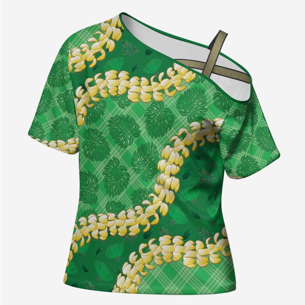 Green Palaka Hawaii Mele Kalikimaka Cross Shoulder Shirt Ohia Lehua Monstera Puakenikeni Lei LT14 Female Green - Polynesian Pride