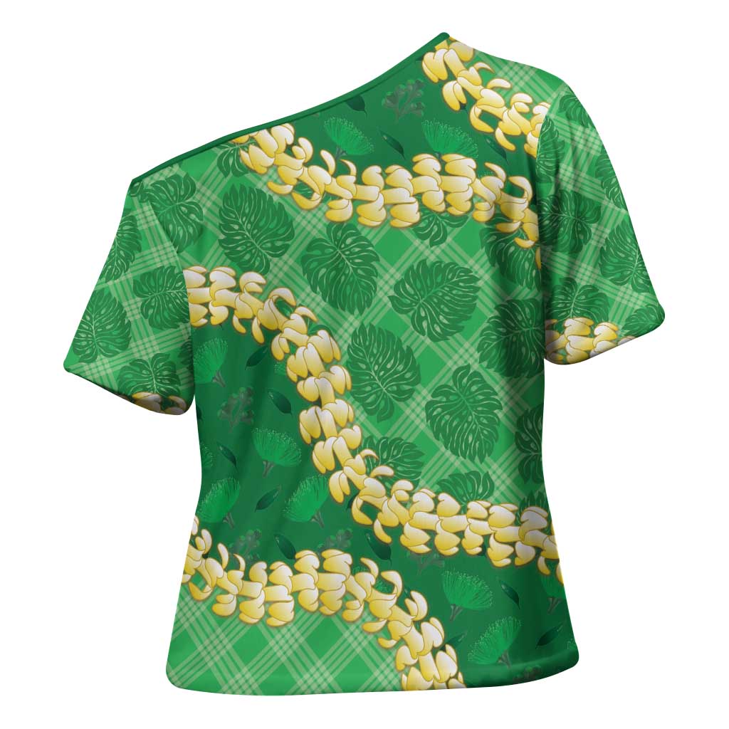 Green Palaka Hawaii Mele Kalikimaka Cross Shoulder Shirt Ohia Lehua Monstera Puakenikeni Lei LT14 - Polynesian Pride