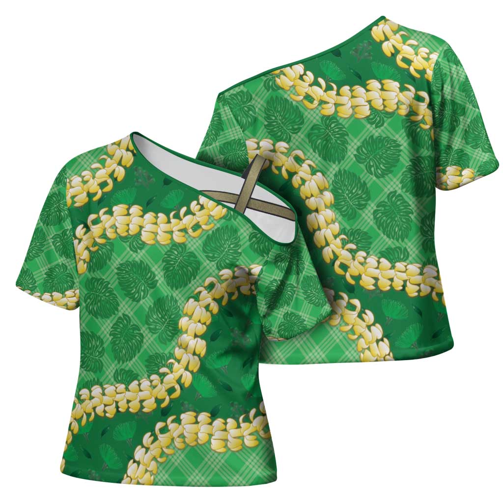 Green Palaka Hawaii Mele Kalikimaka Cross Shoulder Shirt Ohia Lehua Monstera Puakenikeni Lei LT14 - Polynesian Pride