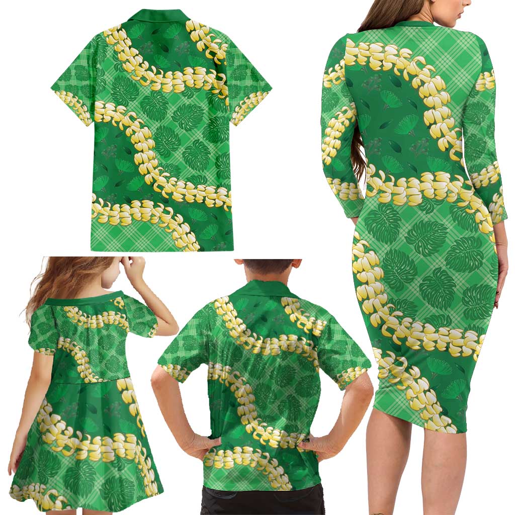 Green Palaka Hawaii Mele Kalikimaka Family Matching Long Sleeve Bodycon Dress and Hawaiian Shirt Ohia Lehua Monstera Puakenikeni Lei LT14 - Polynesian Pride