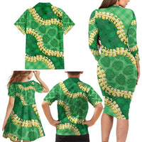 Green Palaka Hawaii Mele Kalikimaka Family Matching Long Sleeve Bodycon Dress and Hawaiian Shirt Ohia Lehua Monstera Puakenikeni Lei LT14 - Polynesian Pride