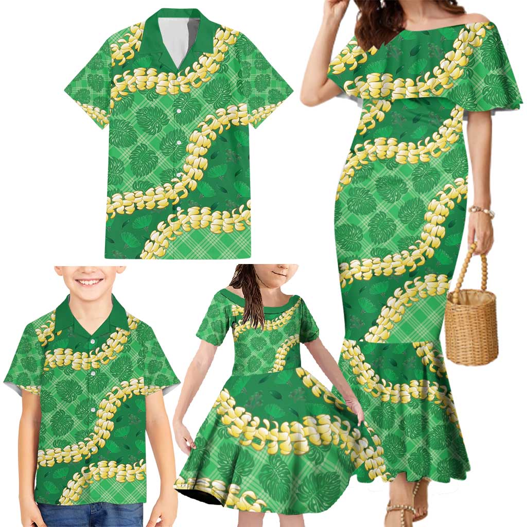 Green Palaka Hawaii Mele Kalikimaka Family Matching Mermaid Dress and Hawaiian Shirt Ohia Lehua Monstera Puakenikeni Lei LT14 - Polynesian Pride