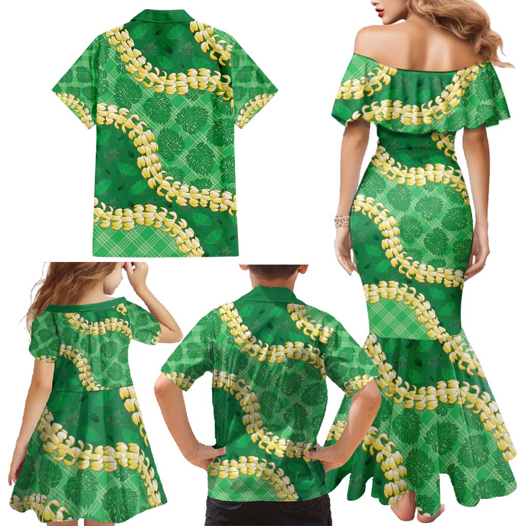 Green Palaka Hawaii Mele Kalikimaka Family Matching Mermaid Dress and Hawaiian Shirt Ohia Lehua Monstera Puakenikeni Lei LT14 - Polynesian Pride