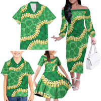 Green Palaka Hawaii Mele Kalikimaka Family Matching Off The Shoulder Long Sleeve Dress and Hawaiian Shirt Ohia Lehua Monstera Puakenikeni Lei LT14 - Polynesian Pride