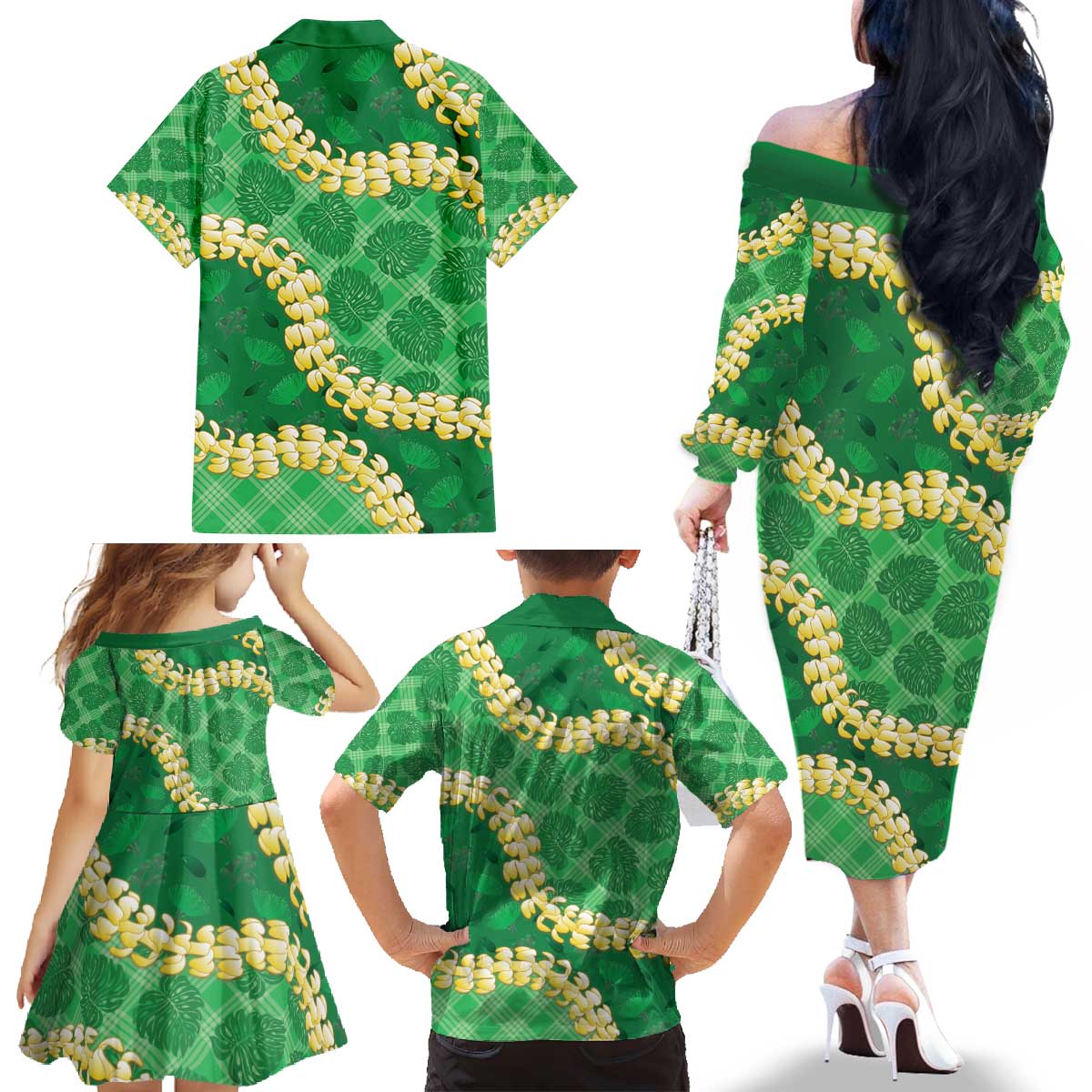 Green Palaka Hawaii Mele Kalikimaka Family Matching Off The Shoulder Long Sleeve Dress and Hawaiian Shirt Ohia Lehua Monstera Puakenikeni Lei LT14 - Polynesian Pride
