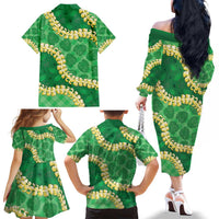 Green Palaka Hawaii Mele Kalikimaka Family Matching Off The Shoulder Long Sleeve Dress and Hawaiian Shirt Ohia Lehua Monstera Puakenikeni Lei LT14 - Polynesian Pride