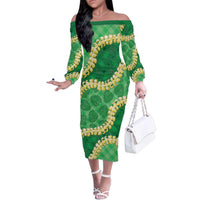 Green Palaka Hawaii Mele Kalikimaka Family Matching Off The Shoulder Long Sleeve Dress and Hawaiian Shirt Ohia Lehua Monstera Puakenikeni Lei LT14 Mom's Dress Green - Polynesian Pride