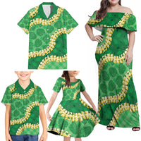 Green Palaka Hawaii Mele Kalikimaka Family Matching Off Shoulder Maxi Dress and Hawaiian Shirt Ohia Lehua Monstera Puakenikeni Lei LT14 - Polynesian Pride