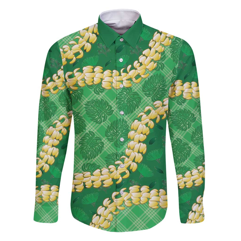 Green Palaka Hawaii Mele Kalikimaka Family Matching Off Shoulder Maxi Dress and Hawaiian Shirt Ohia Lehua Monstera Puakenikeni Lei LT14 Dad's Shirt - Long Sleeve Green - Polynesian Pride