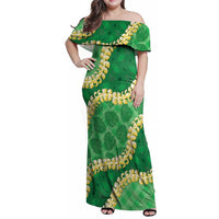 Green Palaka Hawaii Mele Kalikimaka Family Matching Off Shoulder Maxi Dress and Hawaiian Shirt Ohia Lehua Monstera Puakenikeni Lei LT14 Mom's Dress Green - Polynesian Pride