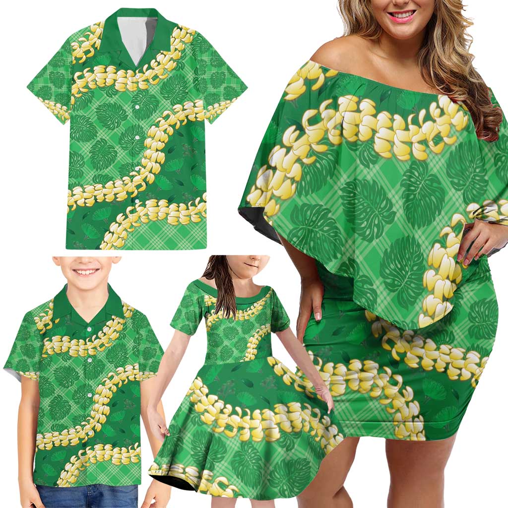 Green Palaka Hawaii Mele Kalikimaka Family Matching Off Shoulder Short Dress and Hawaiian Shirt Ohia Lehua Monstera Puakenikeni Lei LT14 - Polynesian Pride