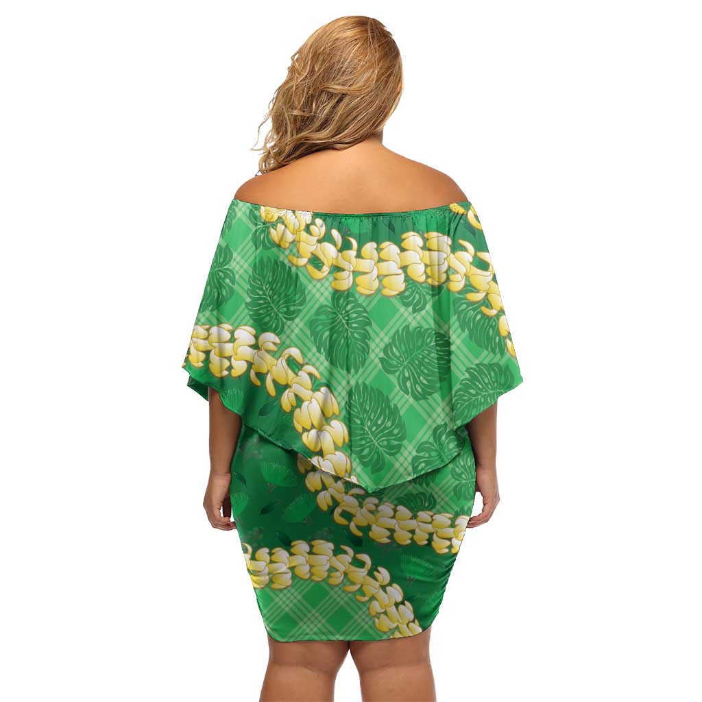 Green Palaka Hawaii Mele Kalikimaka Family Matching Off Shoulder Short Dress and Hawaiian Shirt Ohia Lehua Monstera Puakenikeni Lei LT14 - Polynesian Pride