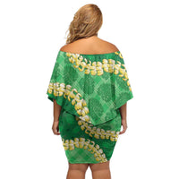 Green Palaka Hawaii Mele Kalikimaka Family Matching Off Shoulder Short Dress and Hawaiian Shirt Ohia Lehua Monstera Puakenikeni Lei LT14 - Polynesian Pride